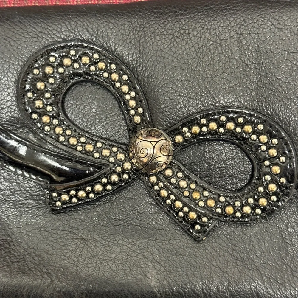 Brighton Black Leather Bow Clutch Chain Strap Studded‎ Leopard Lining Y2K